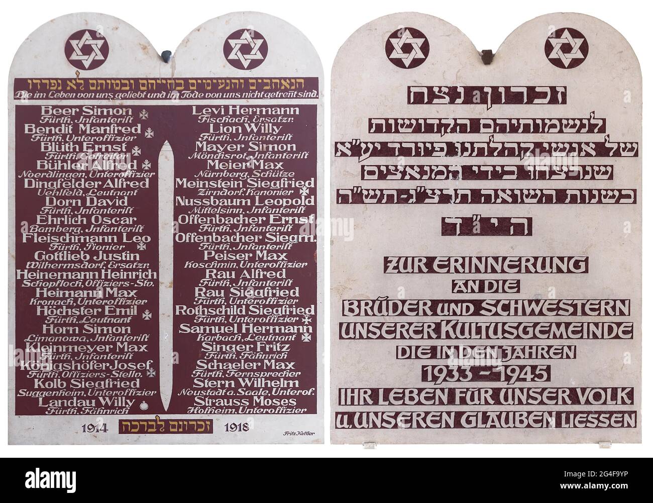 Gedenktafeln der Gefallenen im Ersten Weltkrieg, auf der rechten Gedenktafel für die jüdischen Opfer der Nazi-Diktatur, im Stockfoto