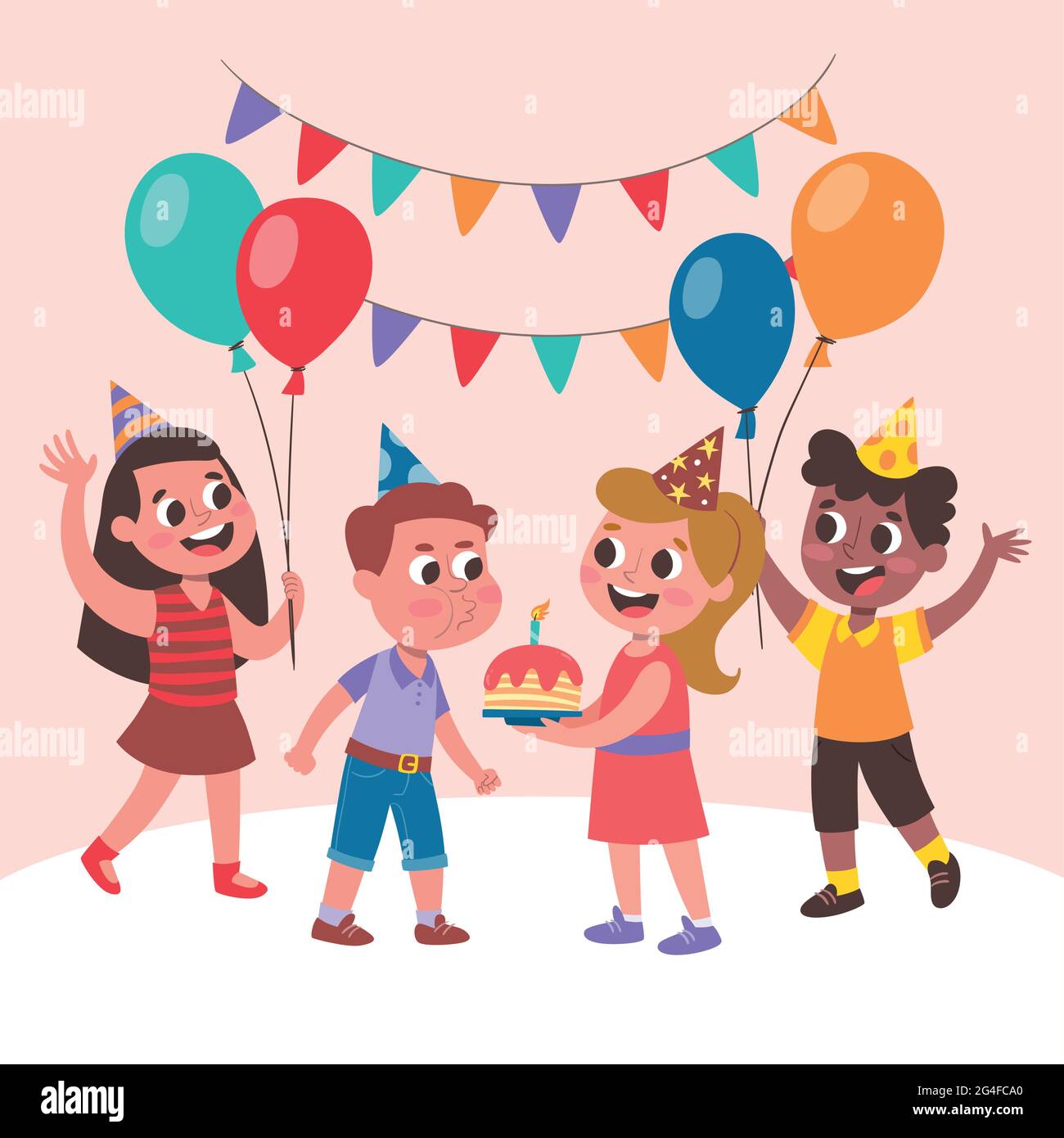 Nette Kinder feiern eine Geburtstagsfeier. Kleiner Junge bläst die Kerzen aus. Glückliche Kinder mit Ballons springen und feiern. Stock Vektor