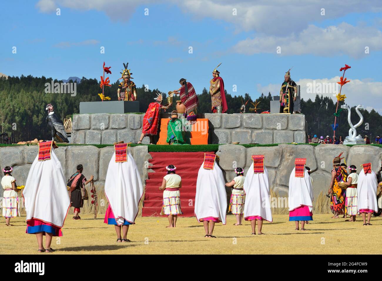 Inti Raymi, Fest der Sonne, Zeremonie auf dem Heiligtum, Ruinen des Inka Sacsayhuaman, Cusco, Peru Stockfoto