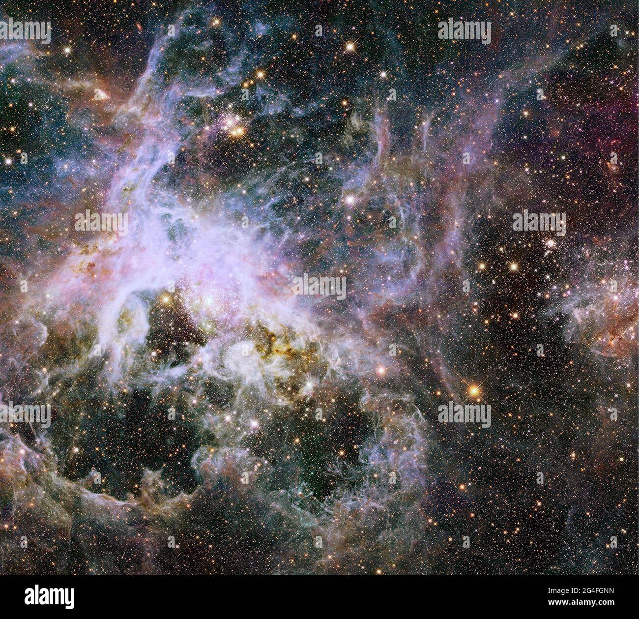 TRANTULAR-NEBEL, WELTRAUM - 09. Januar 2014 - wie das Heben eines riesigen Schleiers, enthüllte die nah-Infrarot-Vision des NASA-Weltraumteleskops Hubble einen Daz Stockfoto