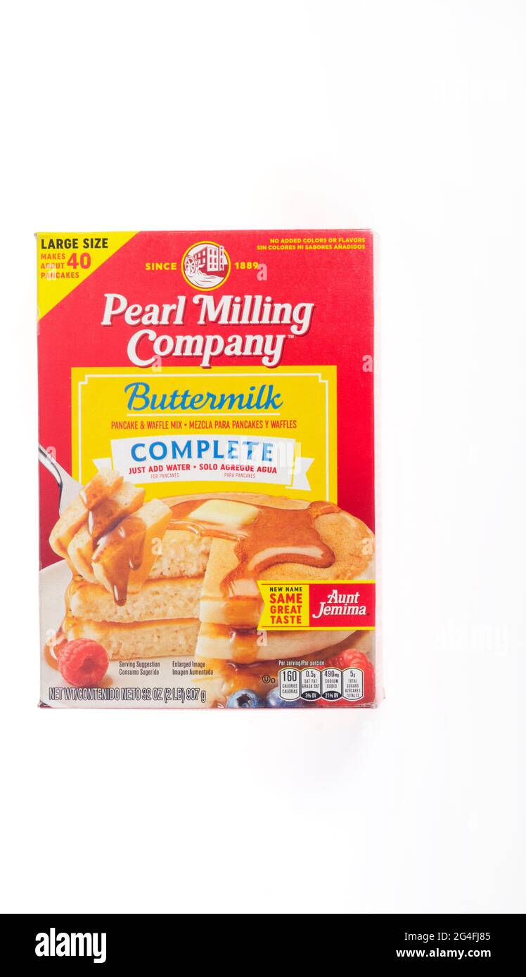 Pearl Milling, neue Identität für Tante Jemima, Buttermilk Complete Pancake Mix Box Stockfoto