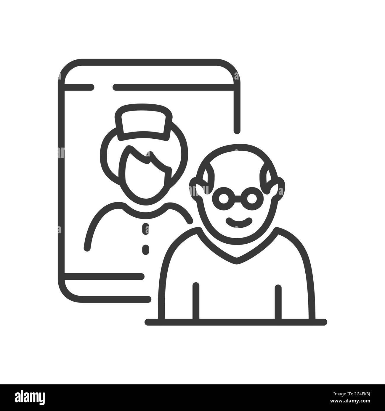 Medizinische Beratung - Liniendesign einzelnes isoliertes Symbol auf weißem Hintergrund. Mobile App-Idee für das Gesundheitswesen. Bild eines älteren Mannes und Arztes auf einem smartph Stock Vektor
