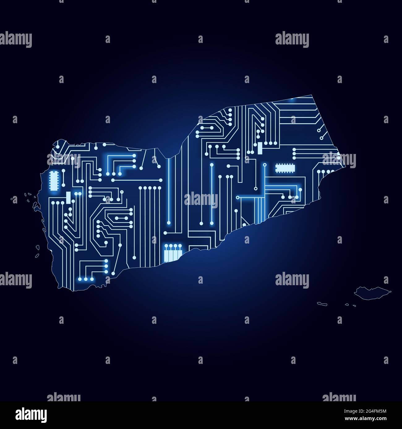 Konturkarte des Jemen mit technologischer Elektronik. Stock Vektor