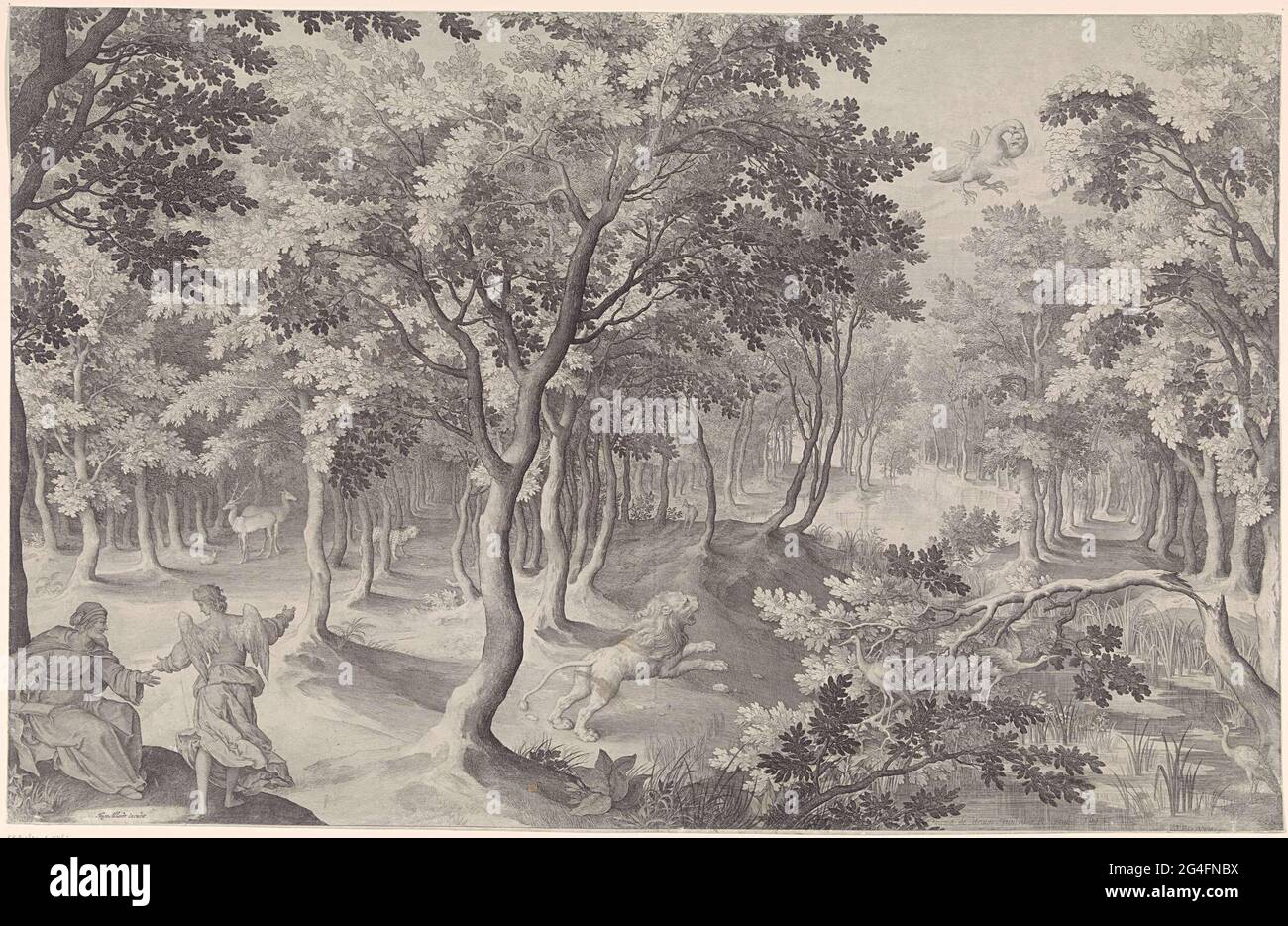 . Die fünfte Vision von Esra. In einem Wald brüllt ein Löwe in den Himmel, wo sich ein brennender Adler mit drei Tassen verzehrt. Links im Vordergrund erklärt ein Engel dem Propheten Esra (2 Esra). Stockfoto