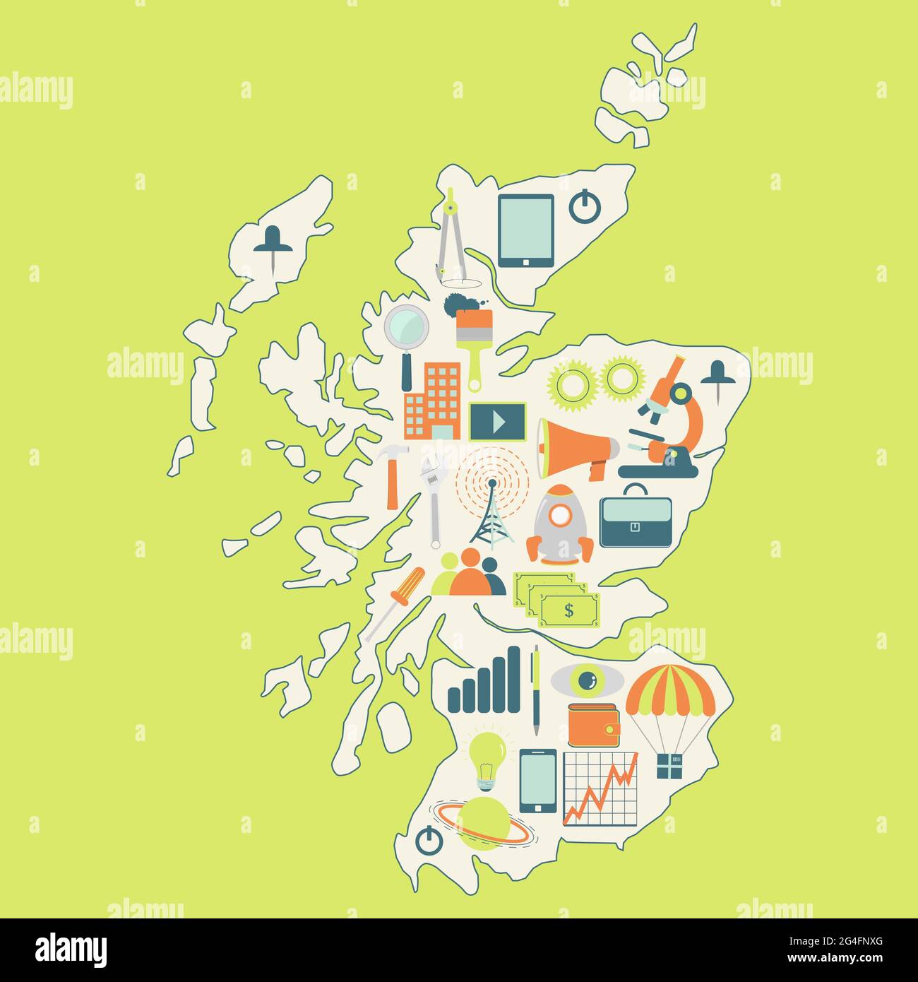 Konturkarte von Schottland mit Ikonen aus Technologie, Wirtschaft, Wissenschaft und Kommunikation Stock Vektor