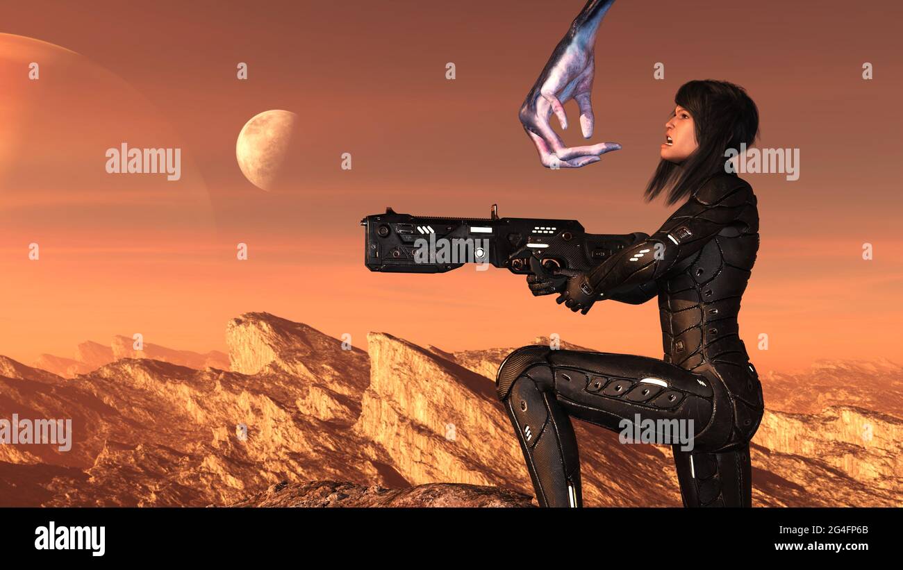 3d-Illustration einer futuristischen Soldatin, die vor Schrecken kniet, als eine Aliin auf einer roten Welt nach ihrem Gesicht greift. Stockfoto