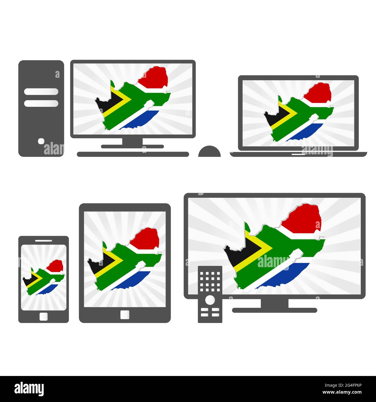 Viele Geräte-Medien (Tablet, pc, Handy, Laptop, Smart tv) mit der Karte und Flagge Südafrikas. Stock Vektor