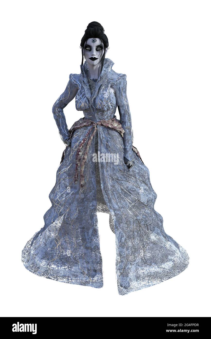 3d-Illustration einer Zombie-Frau, die ein fließendes, gauzy Kleid auf weißem Hintergrund trägt. Stockfoto