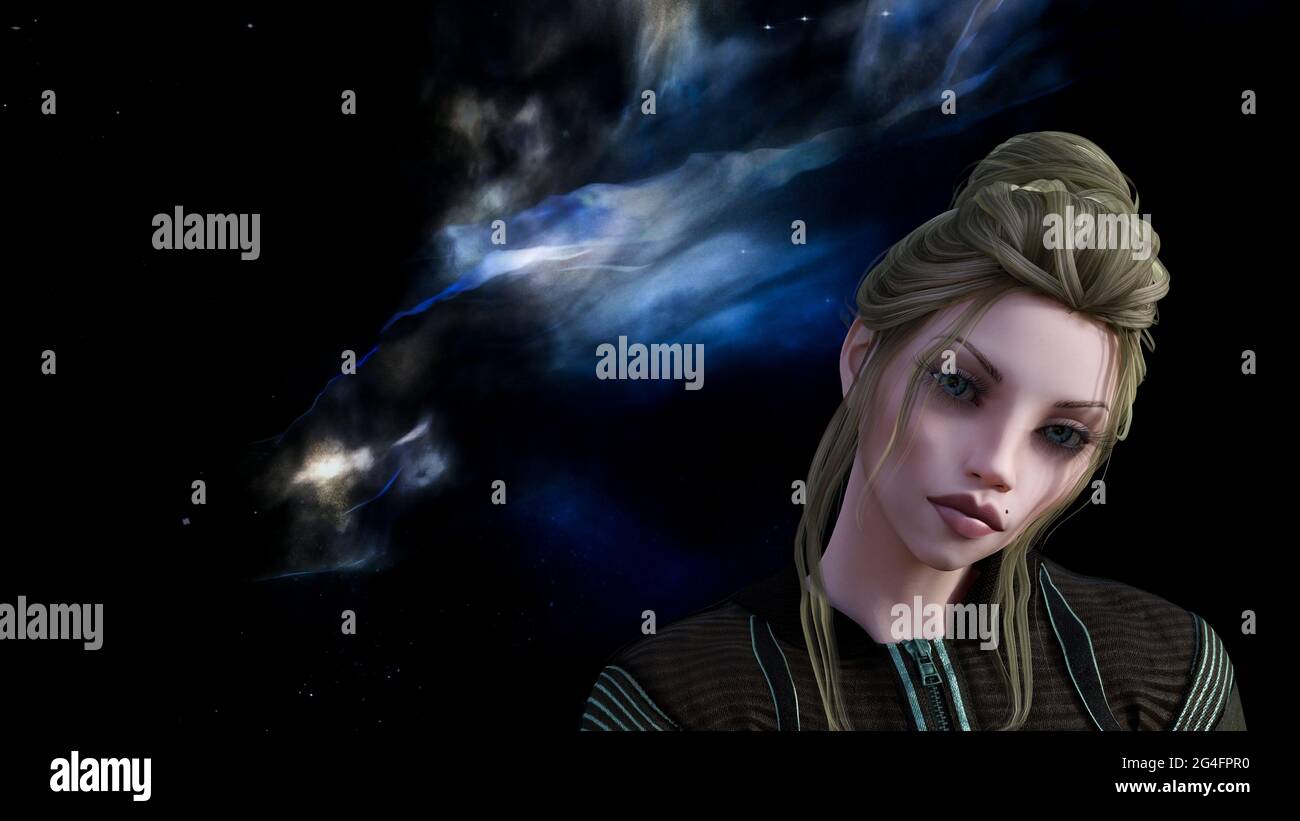 3d-Darstellung einer Frau im Weltraum, die traurig aussieht, mit einem Nebel und Sternen im Hintergrund. Stockfoto
