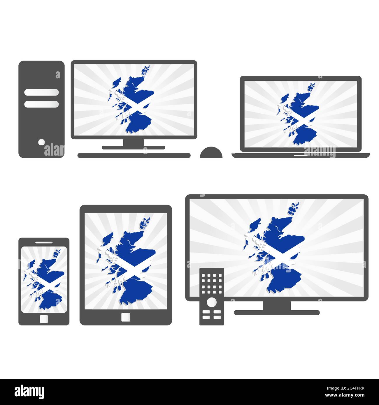 Viele Gerätemedien (Tablet, pc, Mobiltelefon, Laptop, Smart tv) mit der Karte und Flagge Schottlands. Stock Vektor