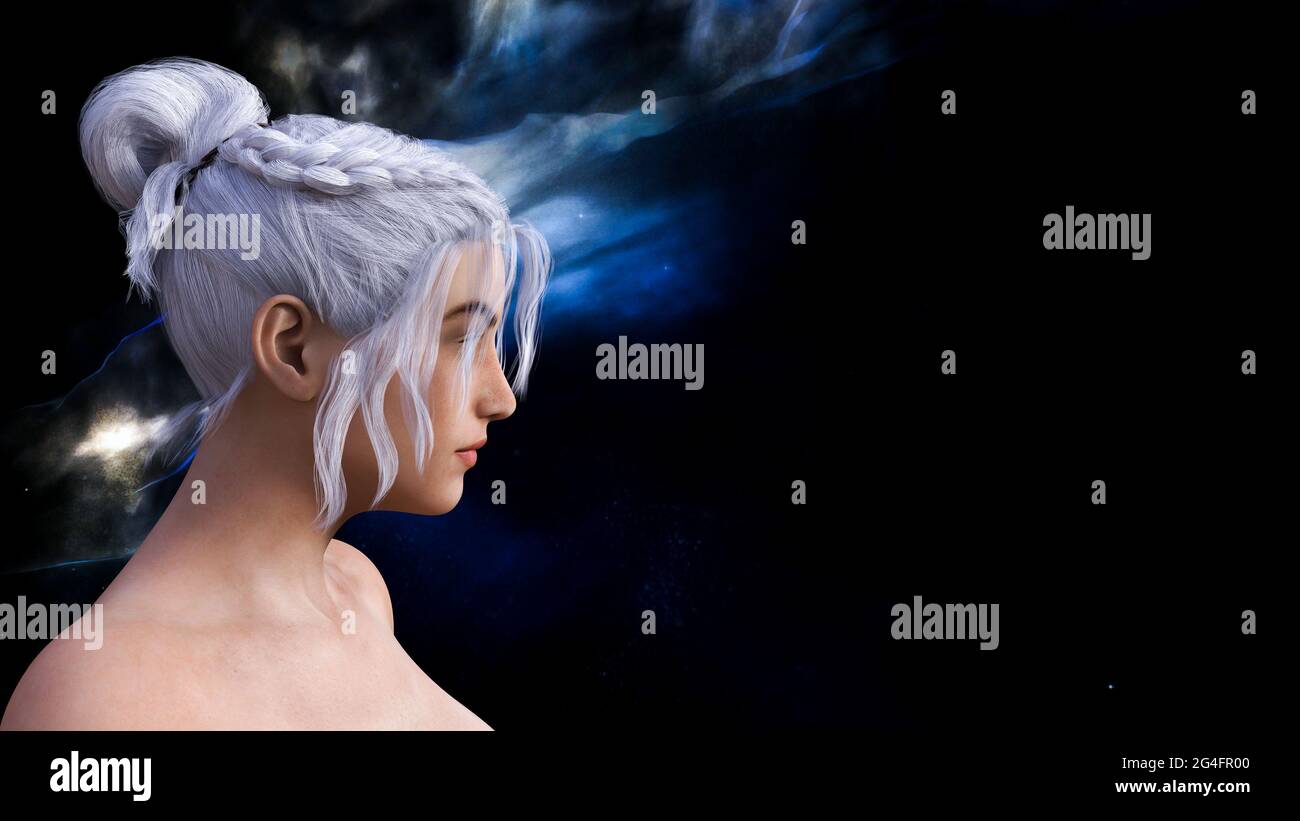 3d-Illustration Profil einer Frau mit silbernen Haaren im Weltraum mit einem Nebel und Sternen im Hintergrund. Stockfoto