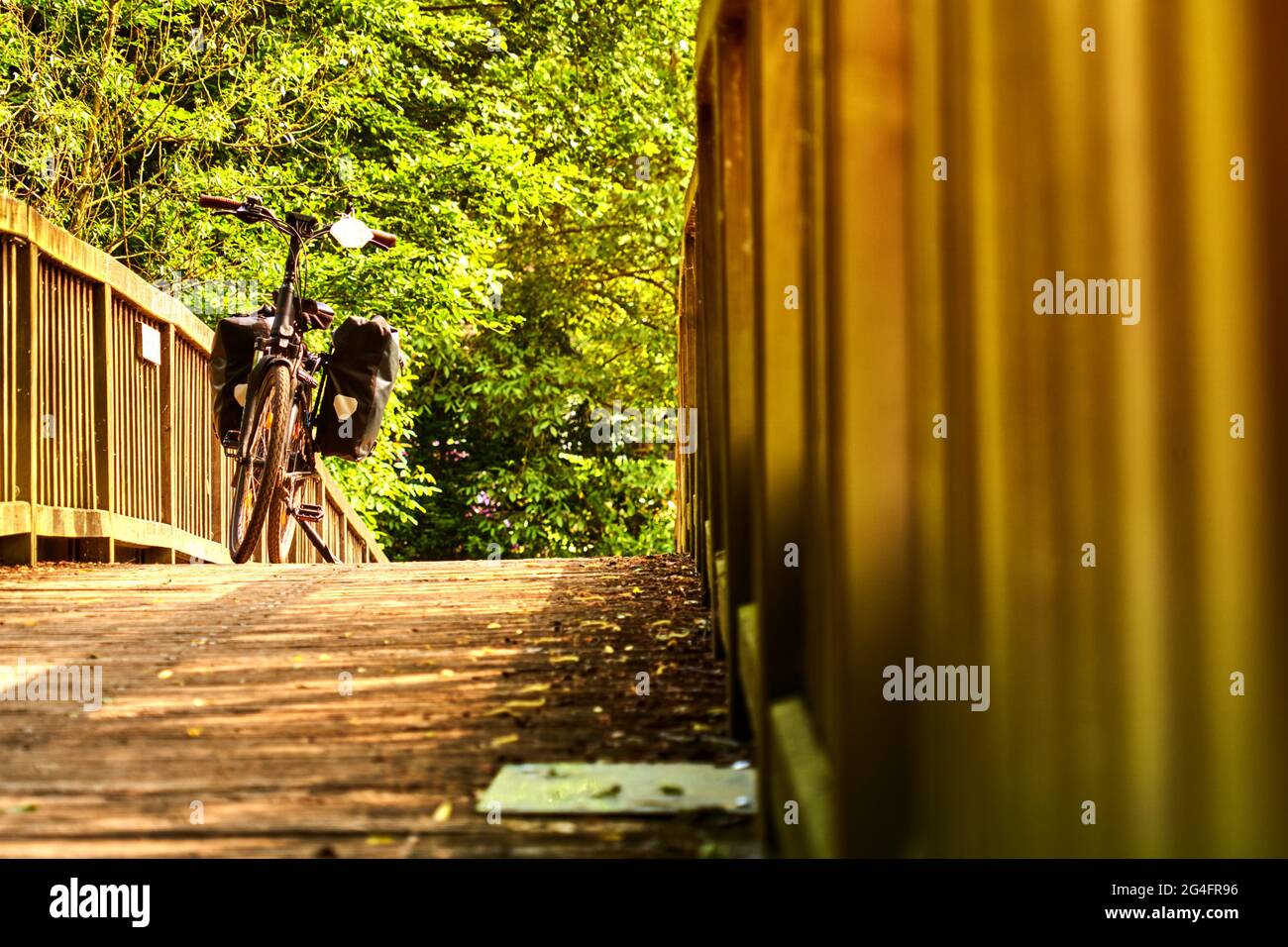 Schwarzes Fahrrad auf einer Fahrradtour steht auf einer gebogenen Brücke aus Holzplanken unter einem grünen Laubdach Stockfoto