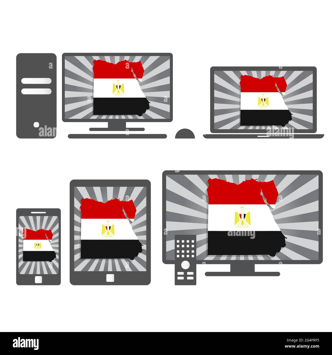 Viele Geräte-Medien (Tablet, pc, Handy, Laptop, Smart tv) mit der Karte und Flagge Ägyptens Stock Vektor