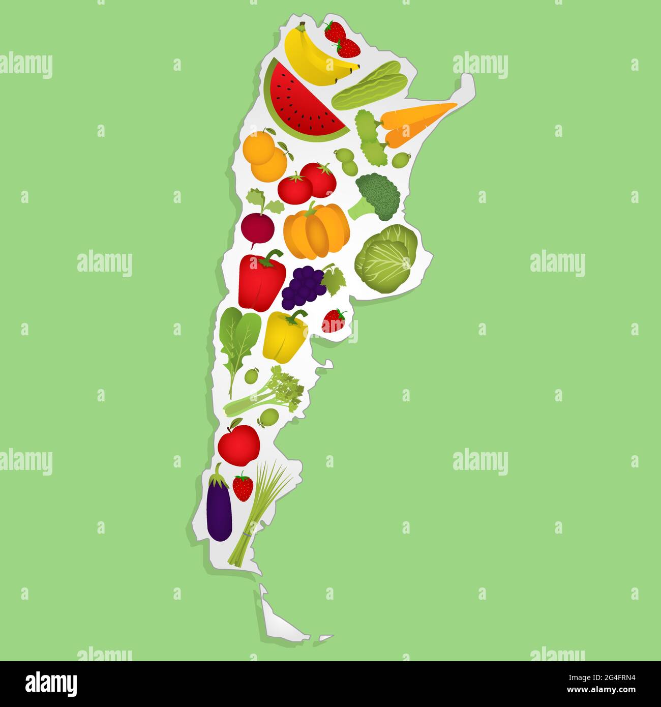 Karte von Argentinien voller Obst und Gemüse (Tomaten, Apfel, Orange, Auberginen, Kohl, Gurke, Brokkoli, Trauben, Rucola, Banane, Paprika, aufgehört Stock Vektor