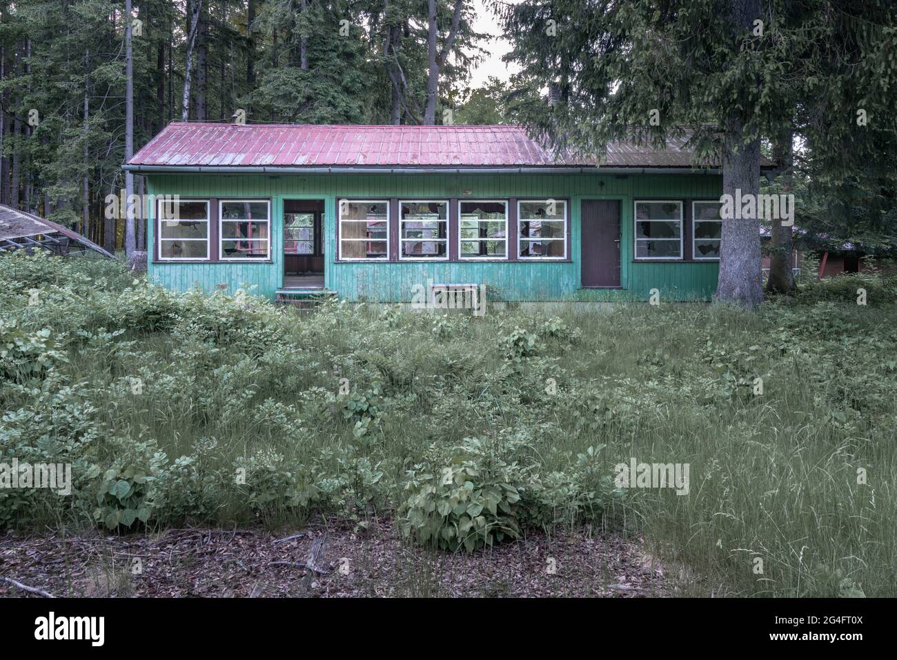 Altes, verlassenes Holzhaus mit kaputten Fenstern. Verlassene Gebäude, die auseinander fallen und von wachsenden Unkräutern und Büschen überholt werden Stockfoto Altes, verlassenes Holzhaus mit kaputten Fenstern. Verlassene Gebäude, die auseinander fallen und von wachsenden Unkräutern und Büschen überholt werden Stockfoto