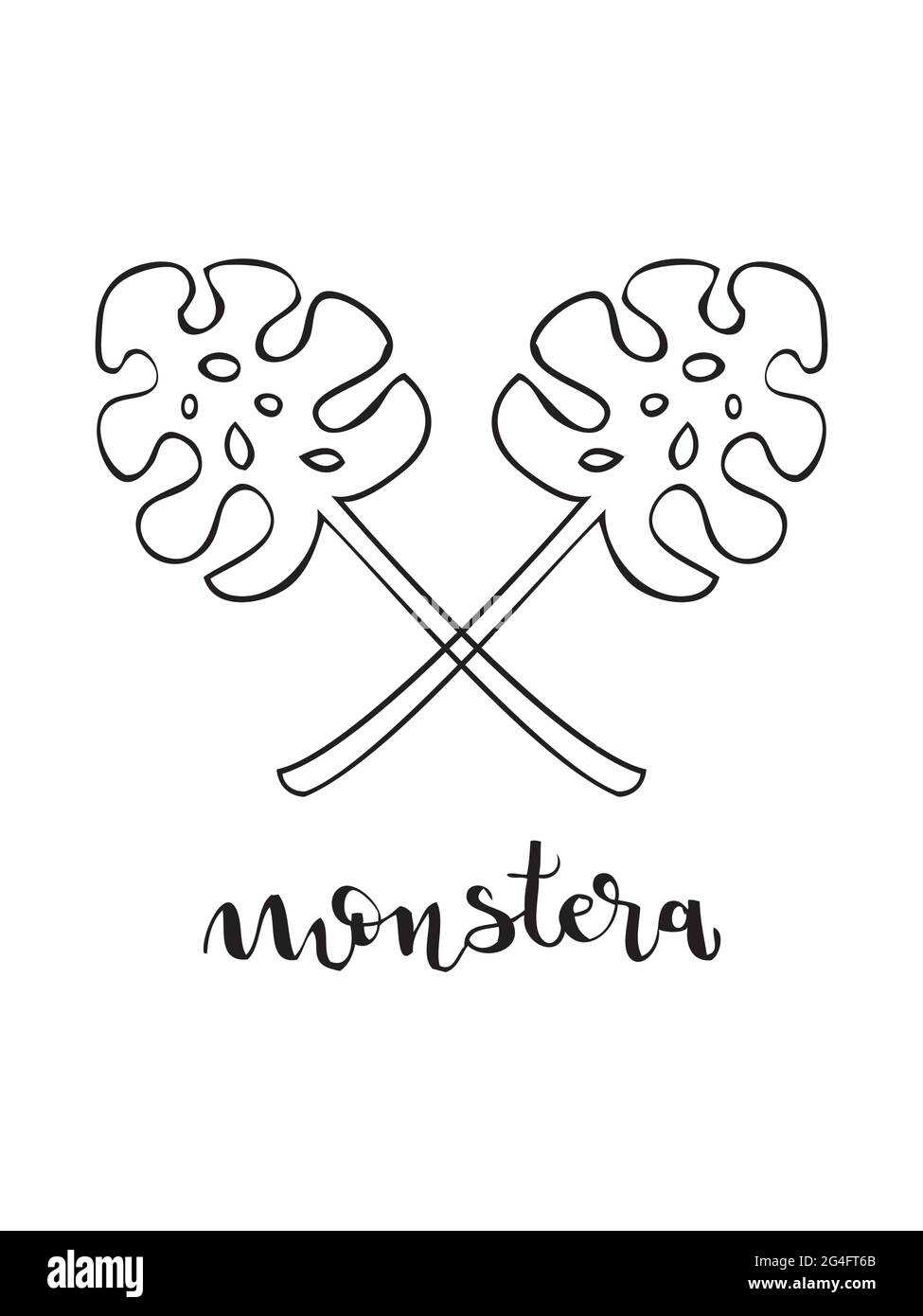 Monstera-Blatt und Schriftzug. Linearer Stil. Vektorgrafik, handgezeichneter Stil Stock Vektor