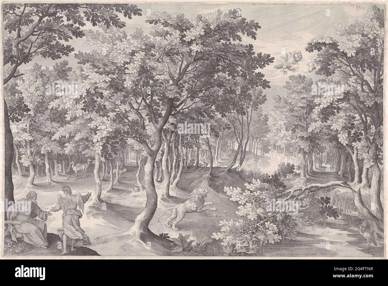 . Die fünfte Vision von Esra. In einem Wald brüllt ein Löwe in den Himmel, wo sich ein brennender Adler mit drei Köpfen verzehrt. Links im Vordergrund erklärt ein Engel dem Propheten Esra (2 Esra). In der oberen rechten Ecke das Tetragramm als Symbol von Gott dem Vater. Stockfoto