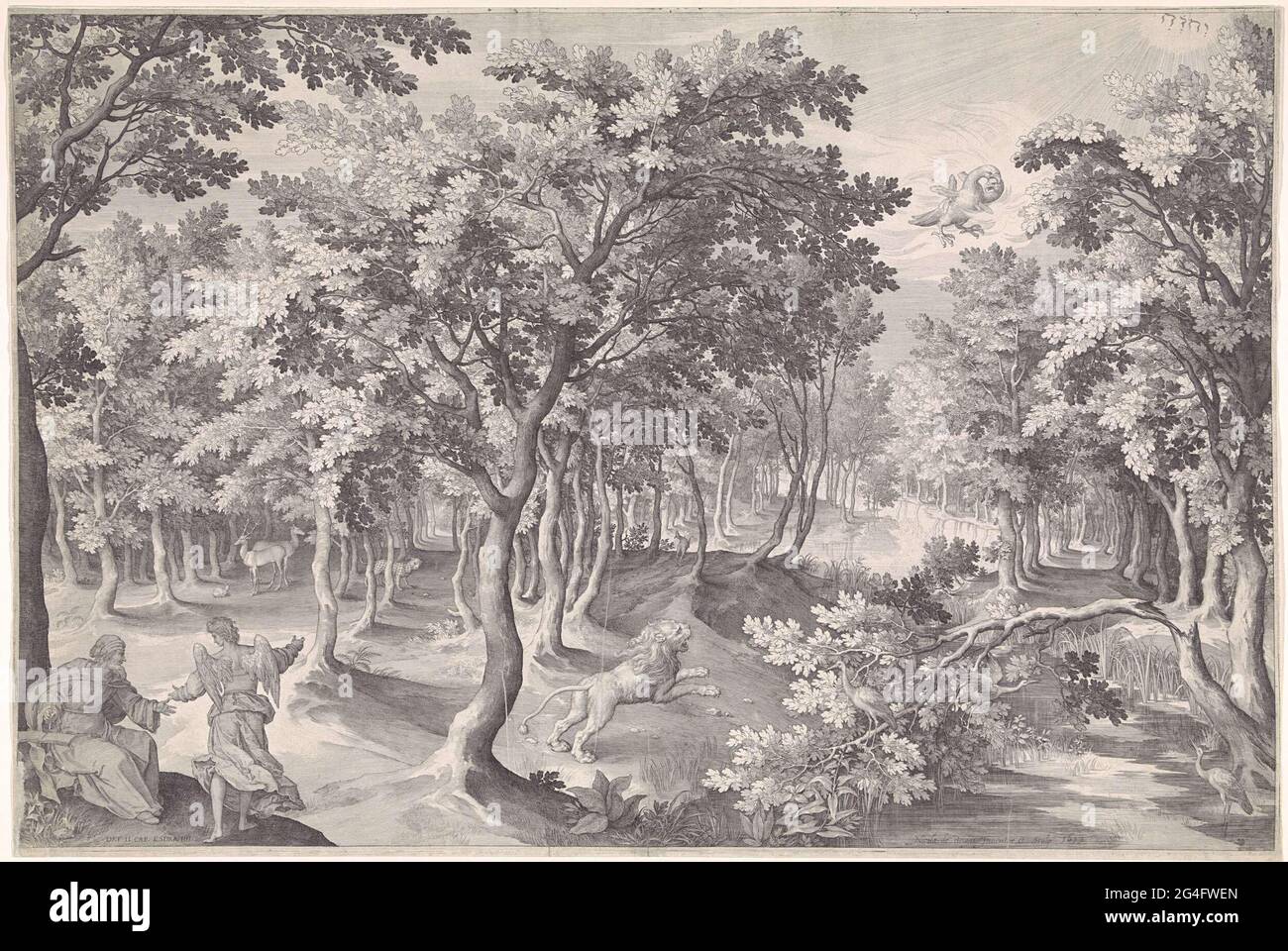 . Die fünfte Vision von Esra. In einem Wald brüllt ein Löwe in den Himmel, wo sich ein brennender Adler mit drei Tassen verzehrt. Links im Vordergrund erklärt ein Engel dem Propheten Esra (2 Esra). In der oberen rechten Ecke das Tetragramm als Symbol von Gott dem Vater. Stockfoto