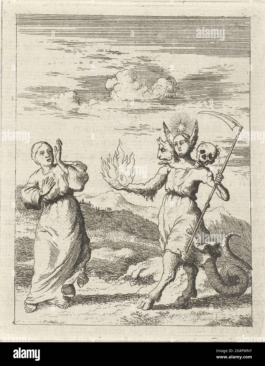 . Die personifizierte Seele trifft auf die Personifizierung der Sünde, die ihr in der Hand ein brennendes Feuer mit einem Sense hält. Stockfoto