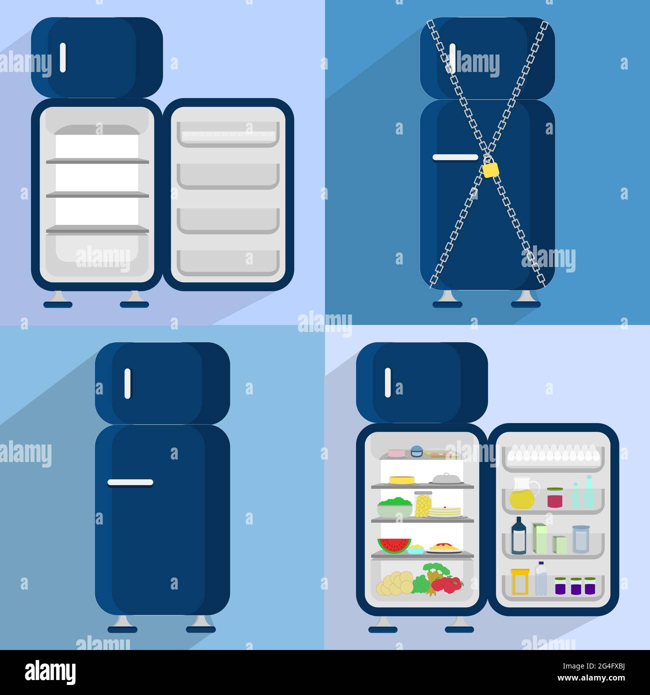 Vier Kühlschränke: Offen und leer, geschlossen, verschlossen, offen und voller Lebensmittel Stock Vektor