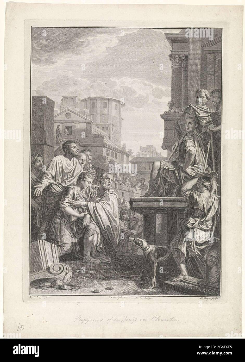 . Lucius Papirius Cursor, auf einem Thron sitzend, zeigt den jungen Fabius Maximus Gnade, als seinen Vater und das gesamte römische Volk Gnade zu sein. Fabius Maximus hatte die Samniten ohne Erlaubnis von Papirius angegriffen und dafür bestraft. Präsentation in der ratskammer des Gerichtshofs der Niederlande, Zeeland und Westfriesland im Binnenhof in Den Haag. Stockfoto