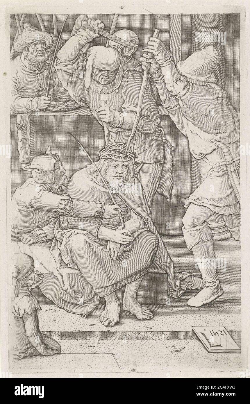. Beulen legte Christus eine Dornenkrone und gab ihm einen Stock in die Hand. Im Hintergrund ist ein Mann bereit, Christus zu schlagen. Stockfoto