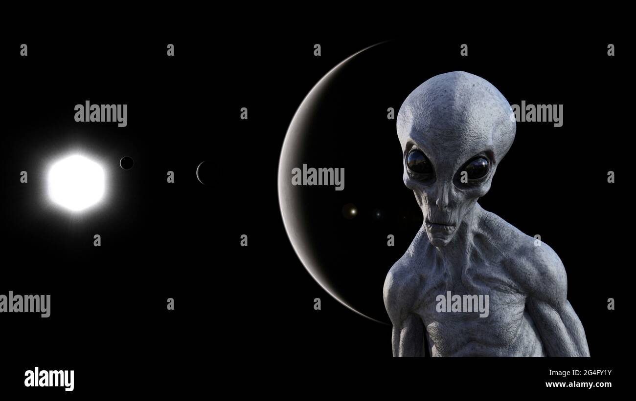3d-Darstellung eines grauen Aliens im Weltraum mit einem dunklen Planeten und einer Sonne im Hintergrund. Stockfoto