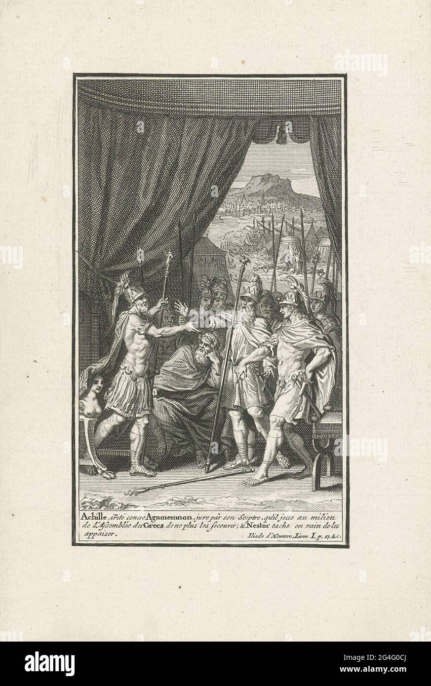 . Achilles beschuldigt König agamemnon der Gier. Der König fordert dann seinen Sklaven briseïs. Die Weisen schmieden sich an den Konflikt. Im Hintergrund startet Apollo die Pest im griechischen Lager. Eine Beschriftung auf Französisch am Rand. Stockfoto