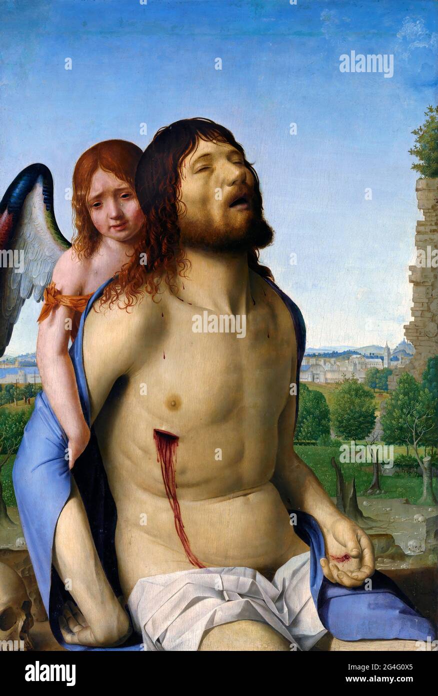 Antonello da Messina. Gemälde mit dem Titel „der tote Christus unterstützt von einem Engel“ von der sizilianischen Künstler, Antonello di Giovanni di Antonio (1430-1479), gemischte Technik auf Tafel, c. 1475/6 Stockfoto