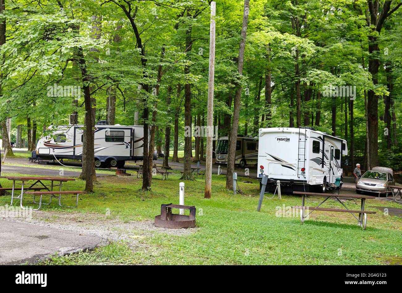 Campingplätze, bewaldet, Wohnmobile, Freizeitfahrzeuge, Picknicktische, Campingplatz, Urlaub, Reisen, My Old Kentucky Home State Park; Kentucky; USA, Bardstown; Stockfoto
