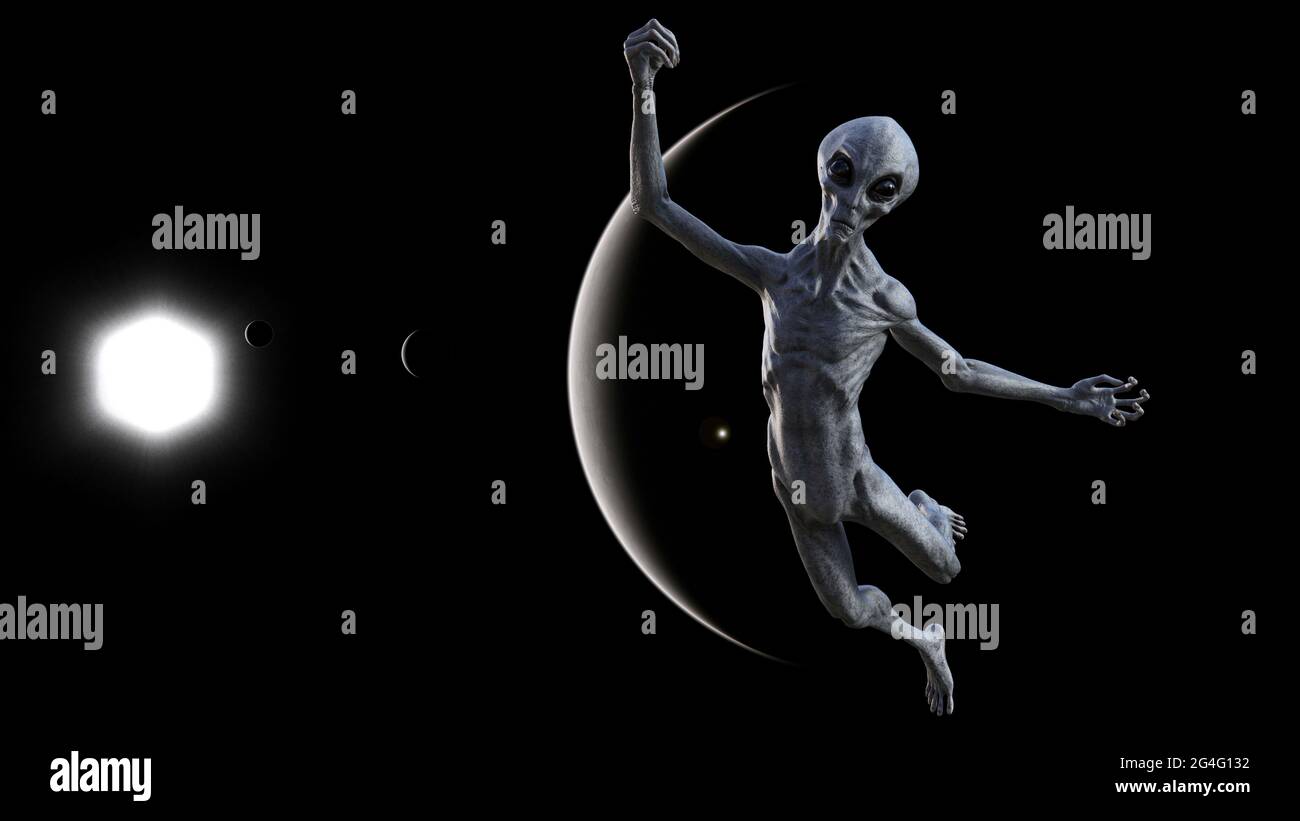 3d-Darstellung eines grauen Aliens, der im Weltraum springt, mit einem dunklen Planeten und einer Sonne im Hintergrund. Stockfoto