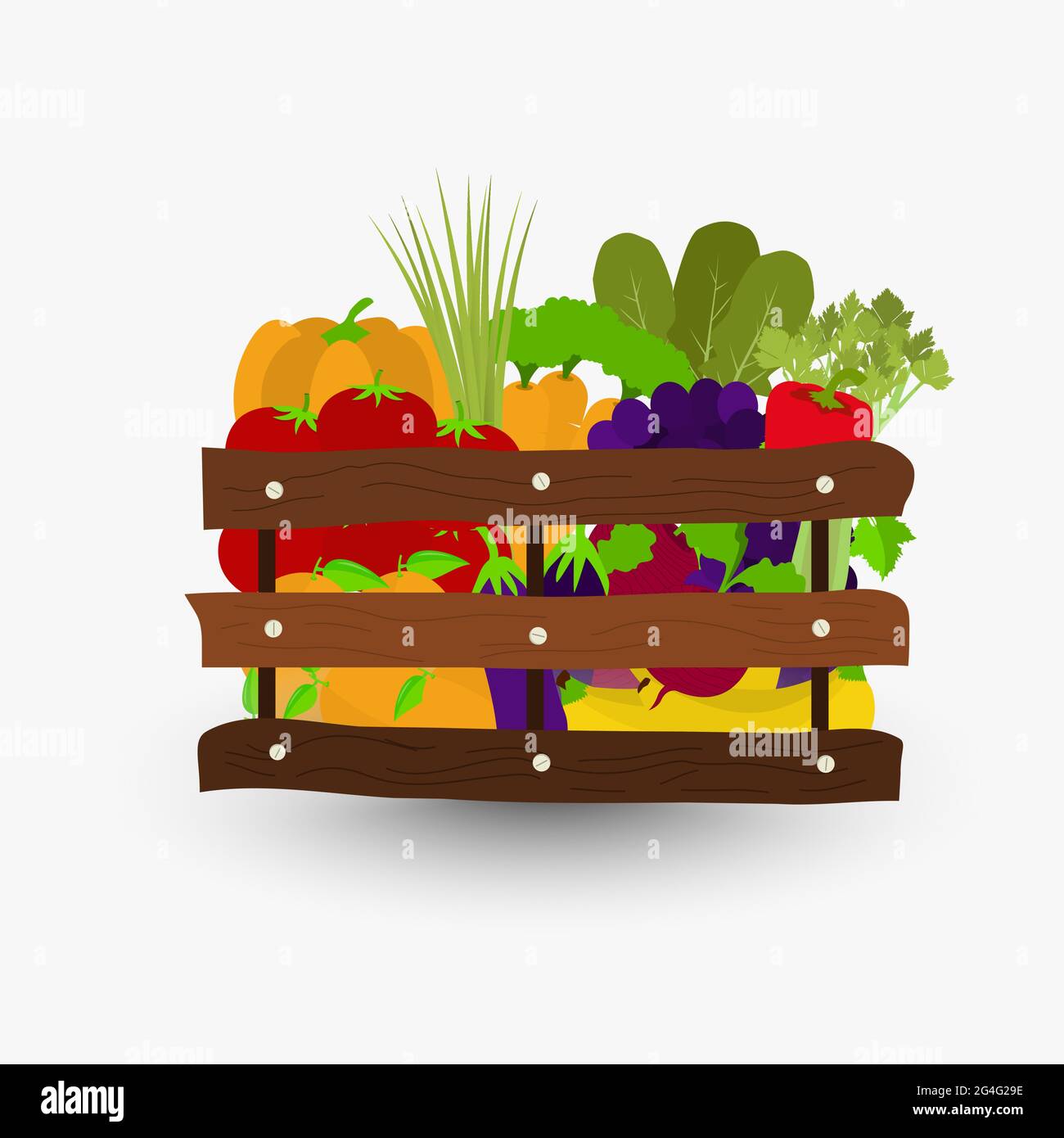 Obst und Gemüse in einer Holzkiste. Holzkisten mit Tomaten, Orangen, Trauben, Karotten, Bananen, Aubergine, Rüben, grüne Zwiebeln, Sellerie, A Stock Vektor