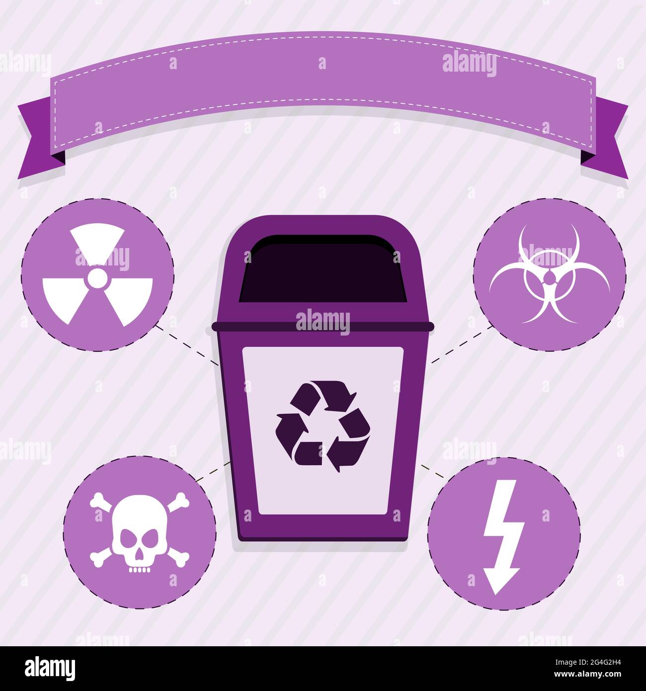 Purpurner Müll für die selektive Sammlung radioaktiver Abfälle. Stock Vektor