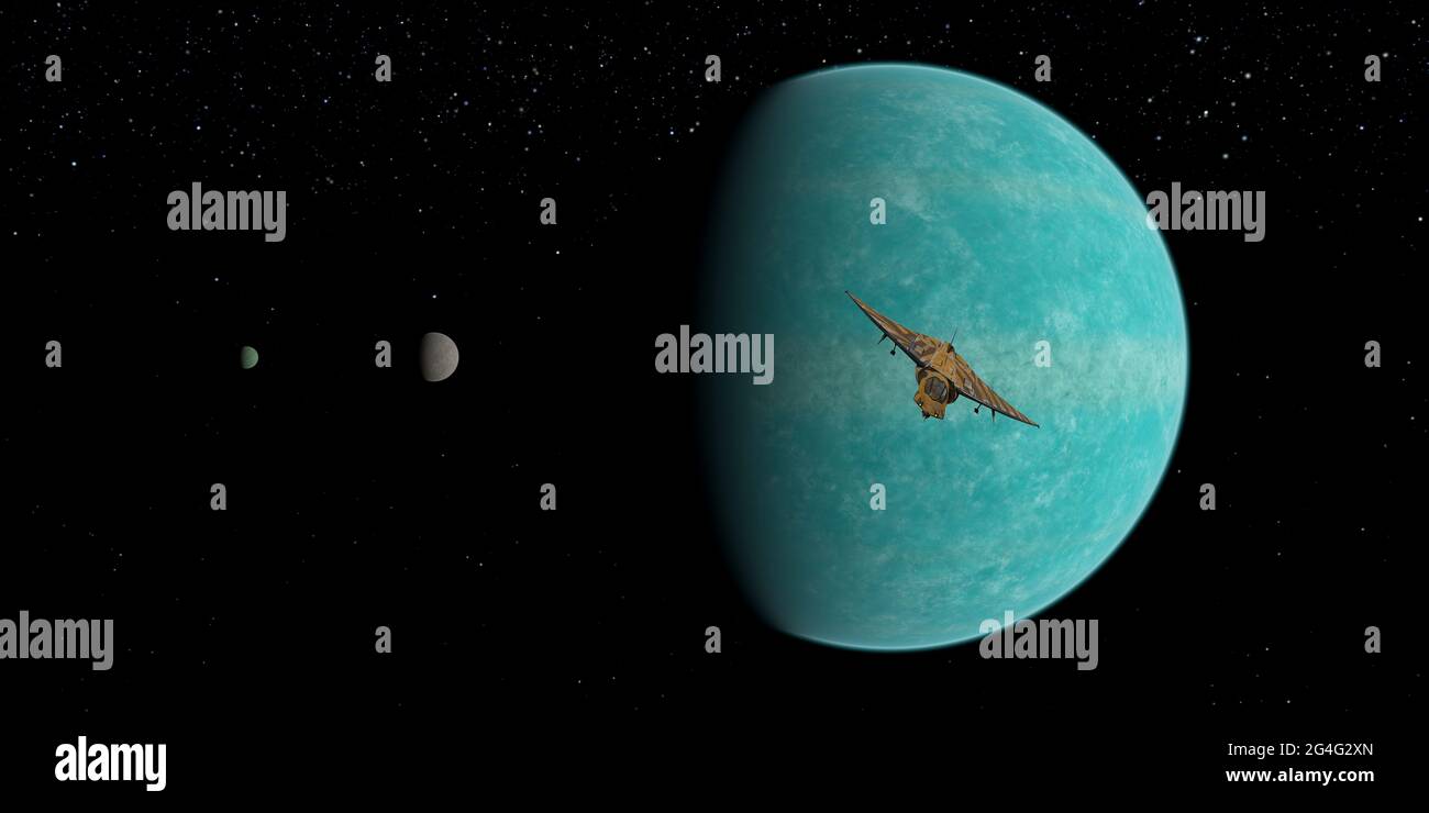 3d-Darstellung eines Raumschiffs, das von einem blauen Planeten mit zwei Monden in den Tiefen des Weltraums fliegt. Stockfoto