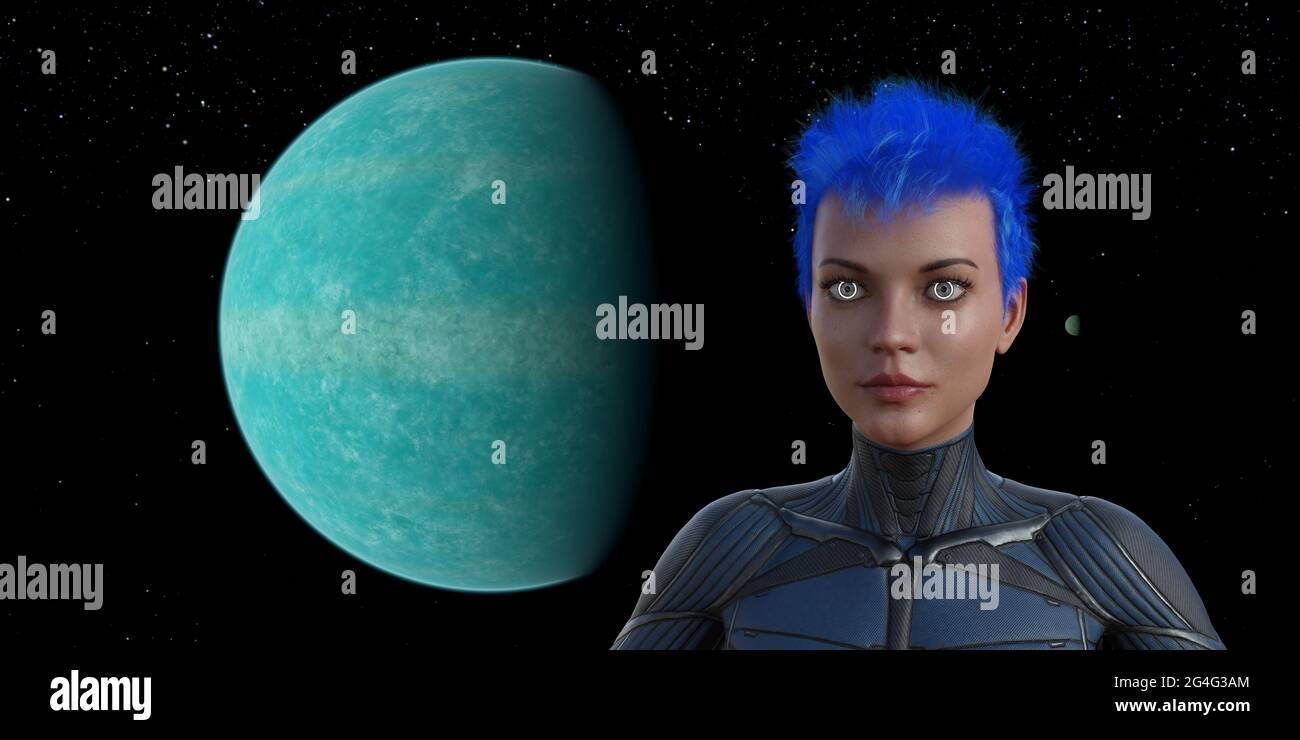 3d-Darstellung eines weiblichen Außerirdischen mit Augen, die von Licht umringt sind und geradeaus mit einem großen blauen Planeten und einem kleinen Mond im Hintergrund starren. Stockfoto