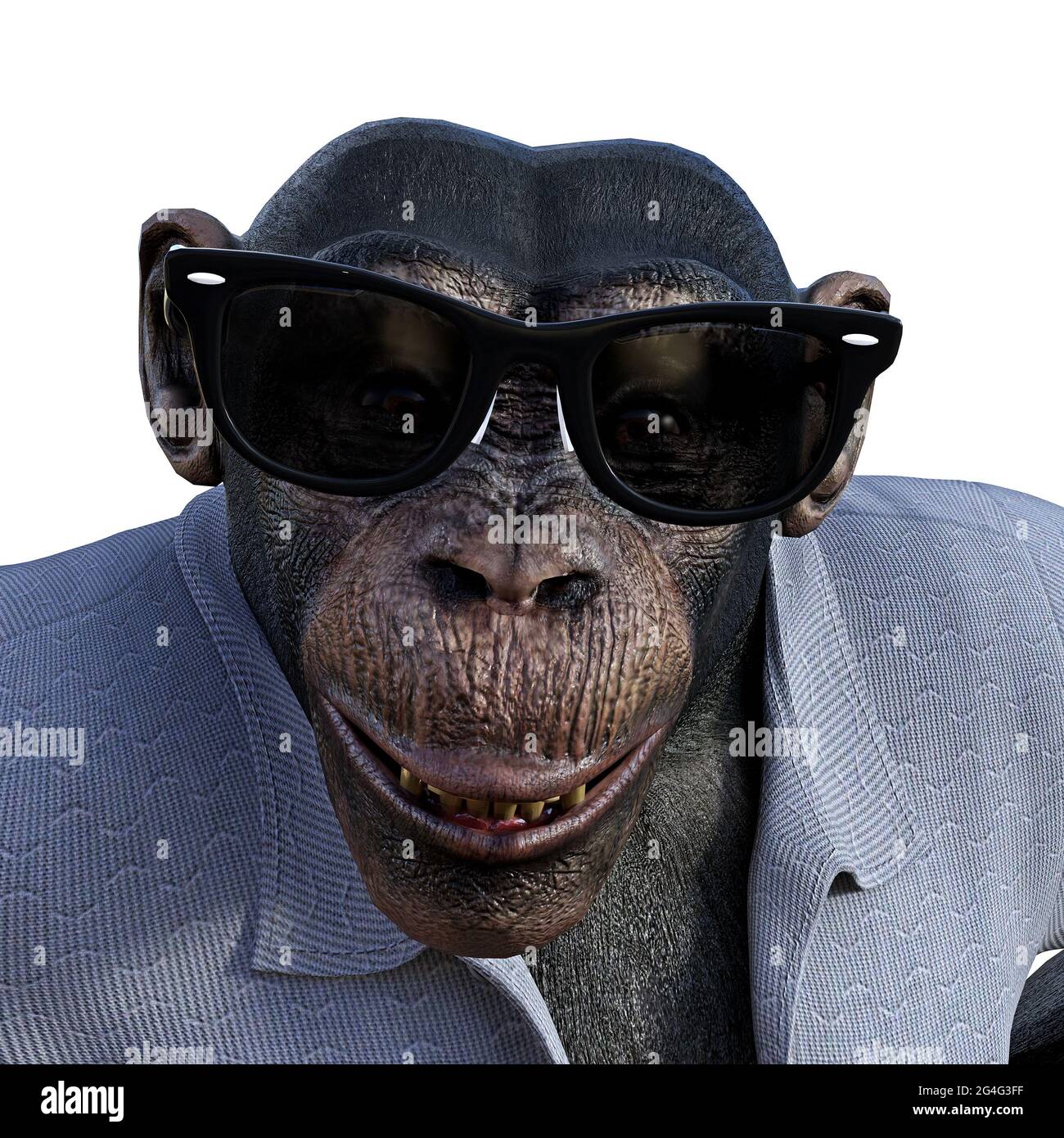 3d-Illustration eines Schimpansen mit Sonnenbrille auf weißem Hintergrund. Stockfoto