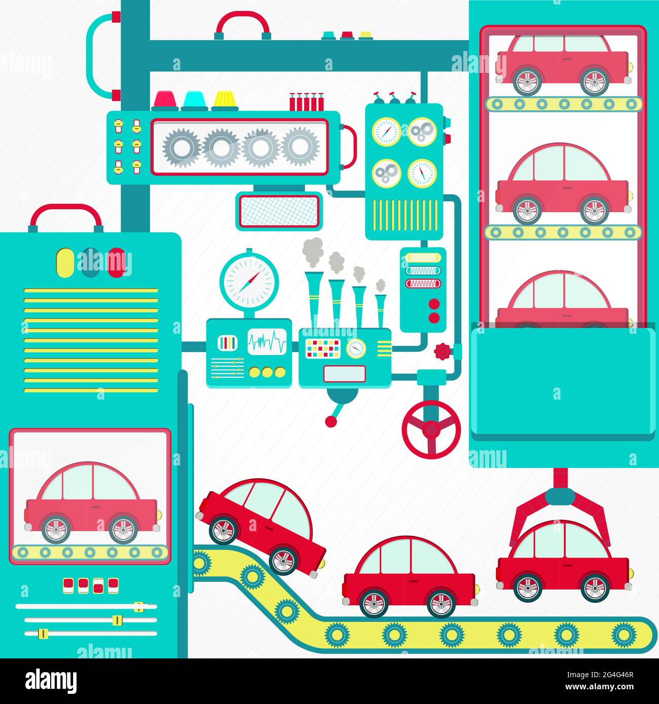 Automobilindustrie mit Maschinen und Greiferhandling Autos. Stock Vektor