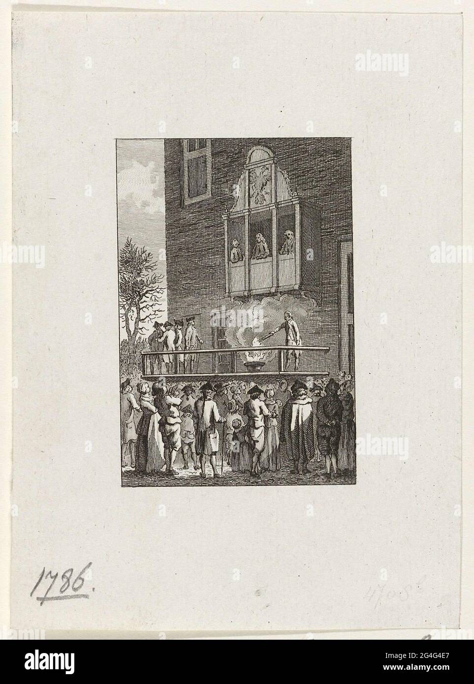 . Öffentliche Hinrichtung durch Verbrennen einer Kopie der patriotischen Zeitschrift De Post van den Neder-Rhijn auf einem Gerüst für das alte Rathaus von Arnheim, 22. April 1786. Aktion von Gegnern der Zeitschrift, in der die Freilassung des Mordes Angeklagten Corporal of Douglas verurteilt wurde. Stockfoto