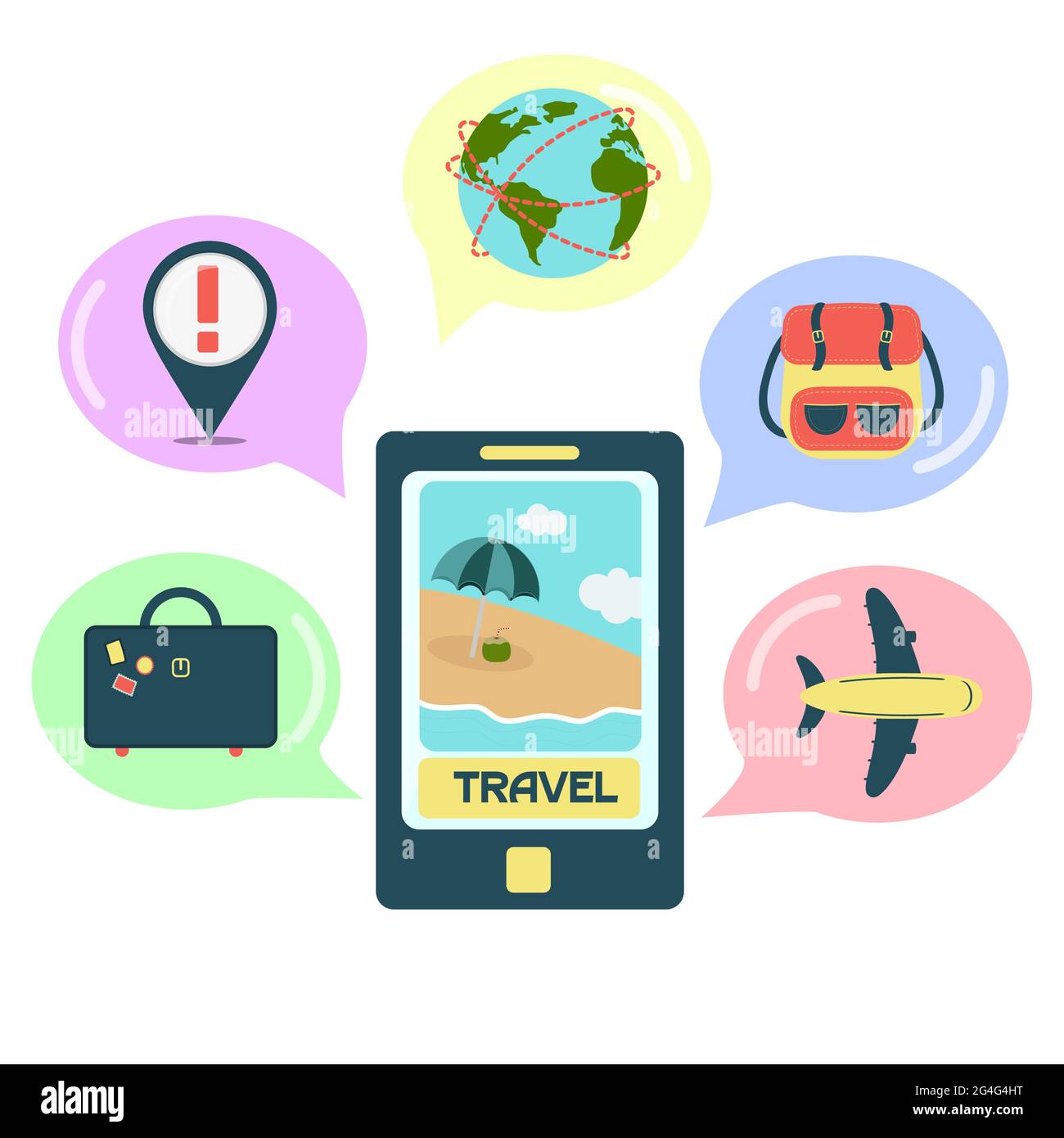 Reise-Anwendung auf dem Smartphone mit Ballons und Reise-Icons. Weißer Hintergrund. Stock Vektor