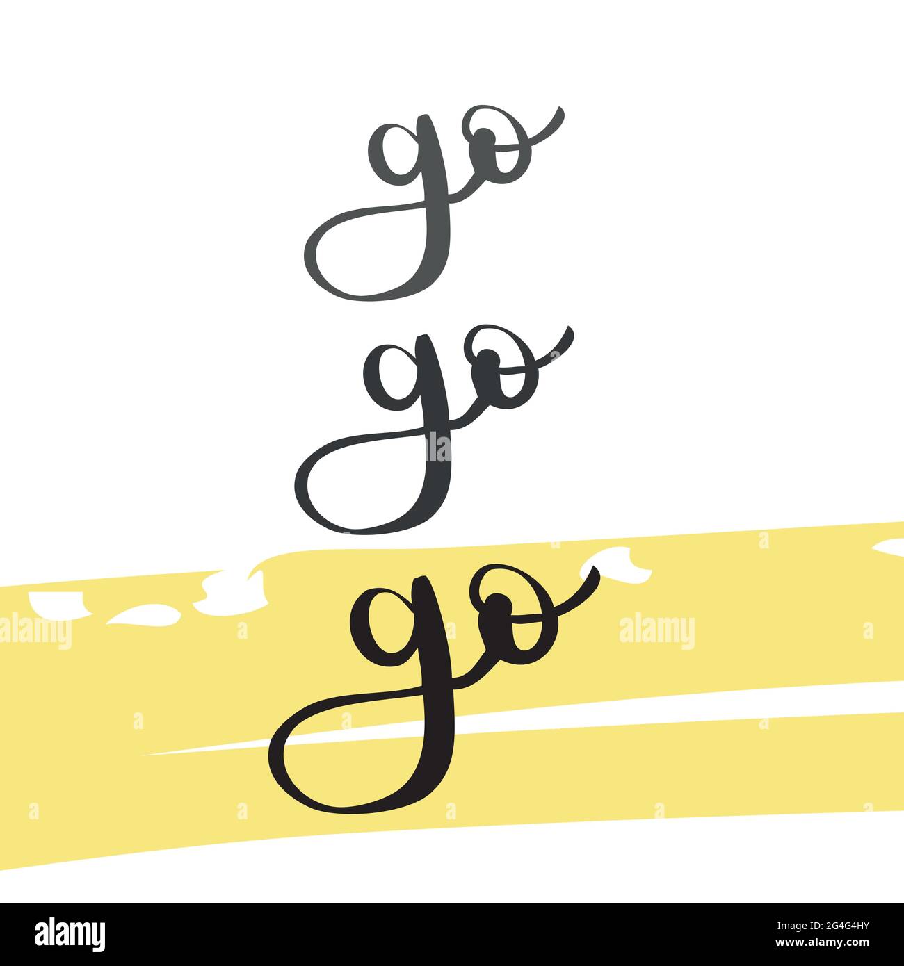 Go Go Go Go Lettering. Gelber Pinselstrich. Vektorgrafik, handgezeichneter Stil Stock Vektor