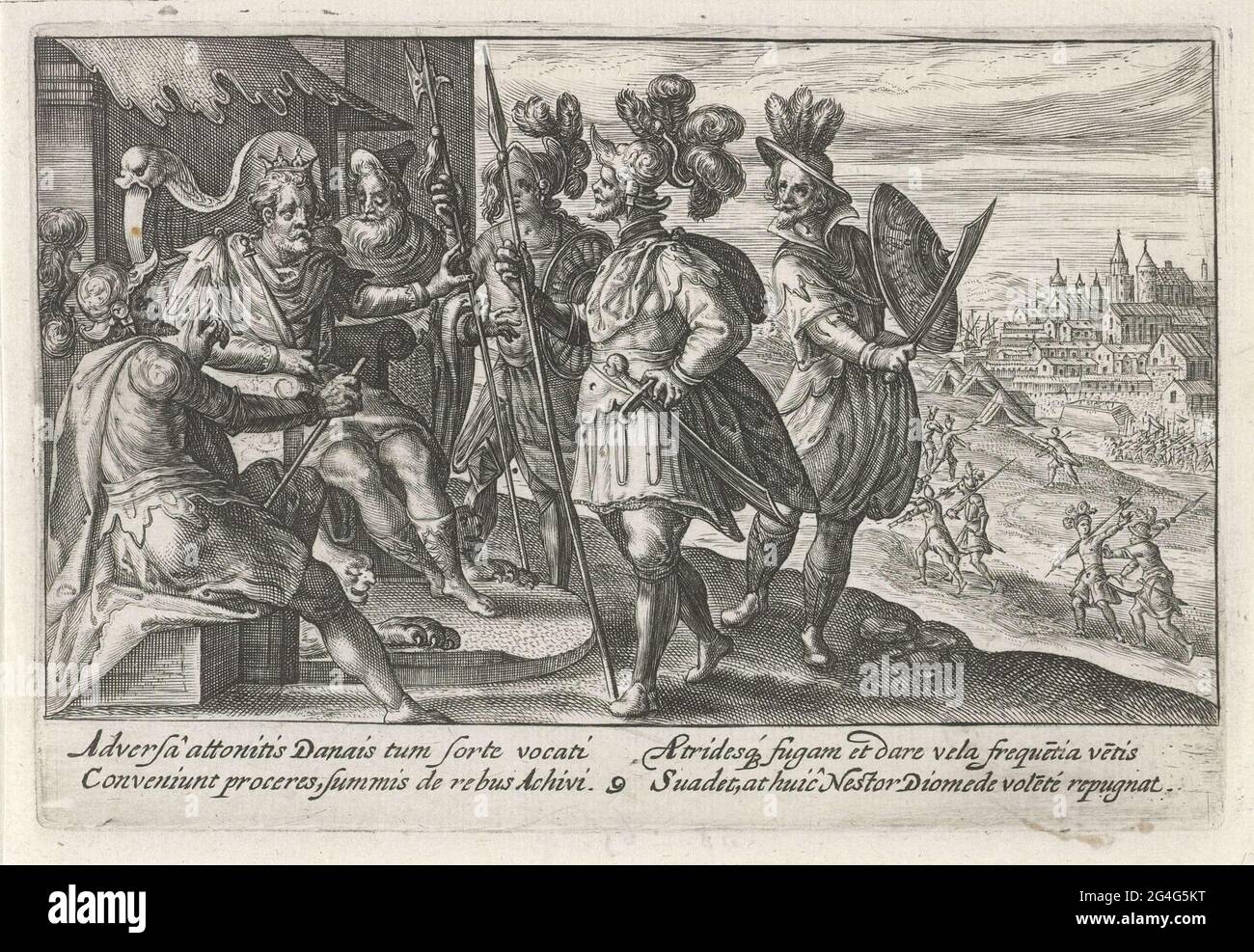 . Agamemnon rät den Griechen, den Kampf aufzugeben. Nestor widerspricht ihm jedoch. Am Rand eine vierzeilige Beschriftung, in zwei Spalten, in Latein. Stockfoto