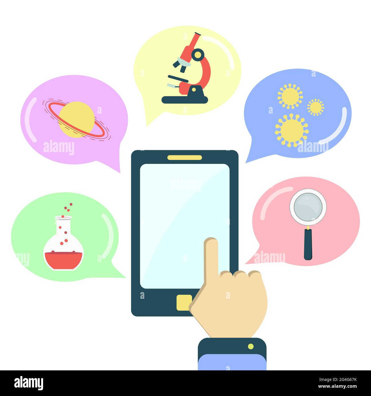 Wissenschaft Anwendung auf dem Smartphone. Luftballons mit wissenschaftlichen und pädagogischen Ikonen. Weißer Hintergrund. Stock Vektor