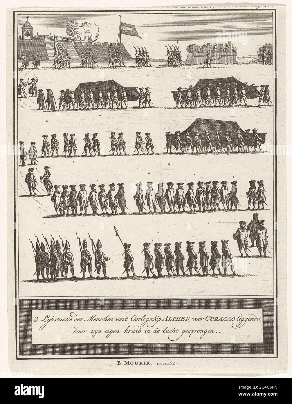 . Drei Grabsteine von den Opfern der Explosion der Frigate Alphen im Hafen von Curaçao, 15. September 1778. In einer Prozession werden die Überreste zum Fort Amsterdam getragen. Stockfoto