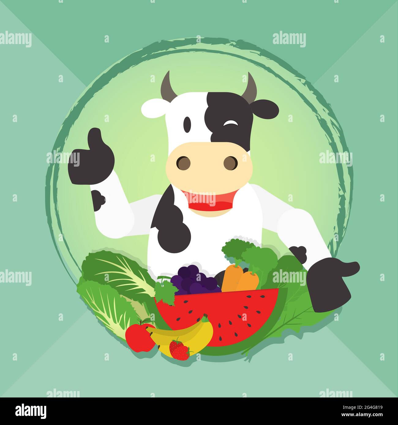 Glückliche Kuh präsentiert Gemüse und Obst. Einladung zum Veganismus und Vegetarismus. Stock Vektor