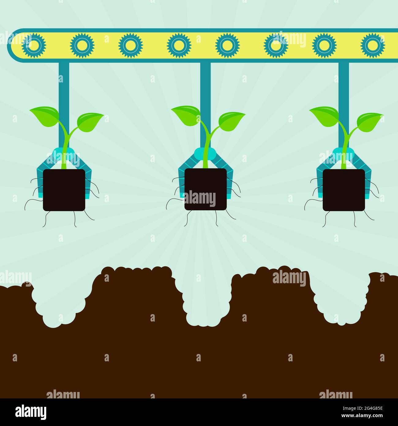 Maschine mit Greifern, die Sämlinge Pflanzen. Serienbepflanzung. Stock Vektor