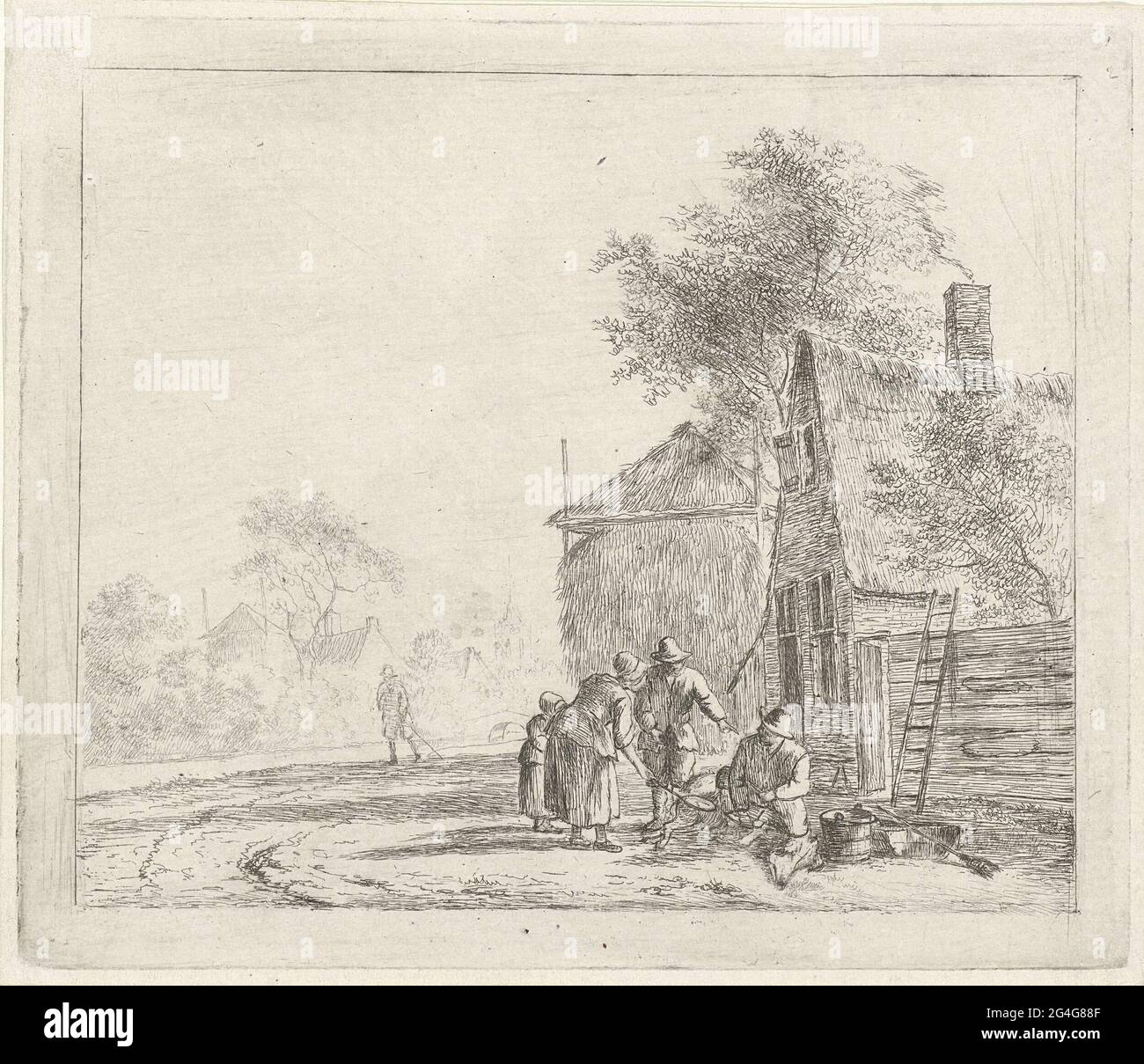 . Landschaft mit einem reichen Bauernhof und einem Heumist. Für den Hof eine Gruppe von zwei Frauen und zwei Männern, von denen einer ein Schwein schwingt. Auf der linken Seite auf einem Pfad ein Spaziergänger. Im Hintergrund ein Heumist und Kirchturm. Vor der Luft. Zwölfter Druck aus einer Serie von dreizehn mit Monaten. Stockfoto