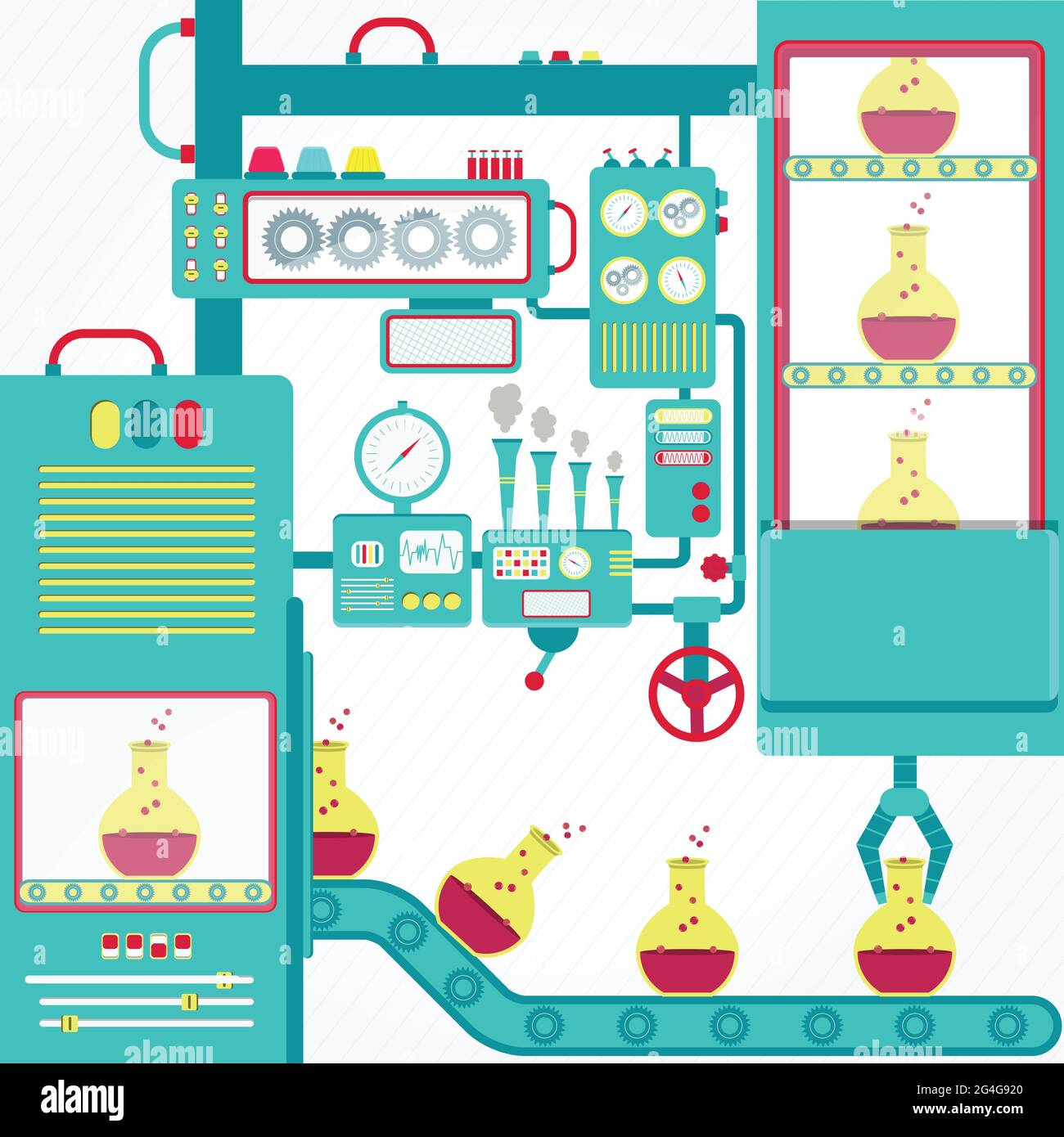 Chemische Industrie mit Maschinen und Greifer Erlenmeyerkolben mit Chemikalien. Stock Vektor