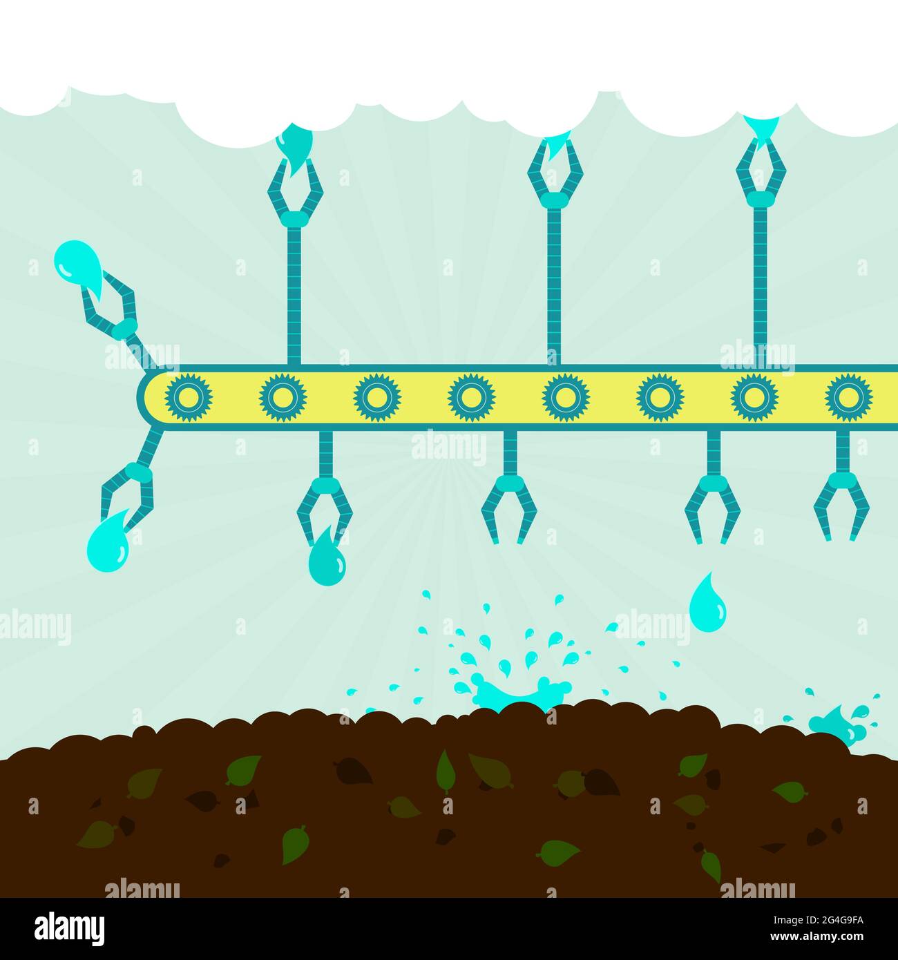 Maschine mit Greifern, die Wasser aus den Wolken entfernen und auf den Boden tropfen lassen. Imaginäres Szenario. Zusammenfassung. Stock Vektor