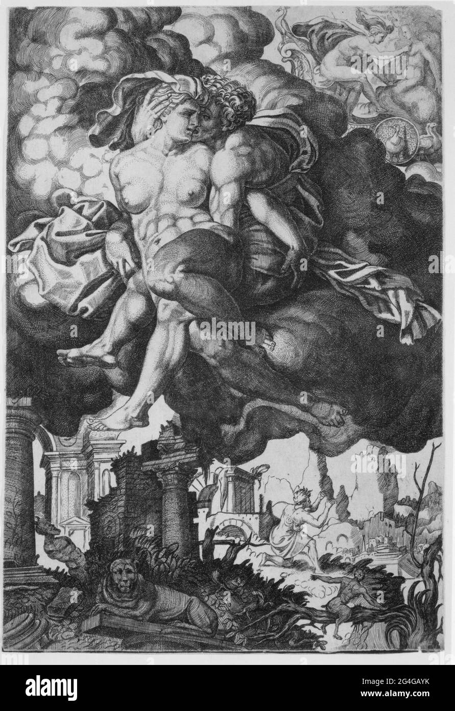 Ixion versucht Juno zu verführen, umgeben von Wolken mit Ruinen darunter, ca. 1520-39. Stockfoto