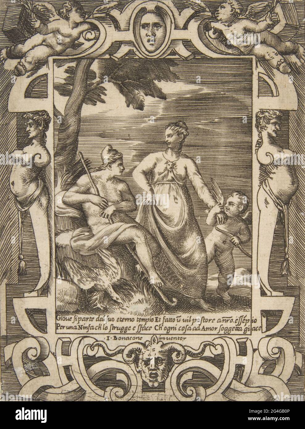 Jupiter links in Form eines Schäfers, begleitet von Mnemosyne, in einer aufwendigen Kartusche, aus den "Lieben, wütenden und Eifersüchteln von Juno" , 1531-76. Stockfoto